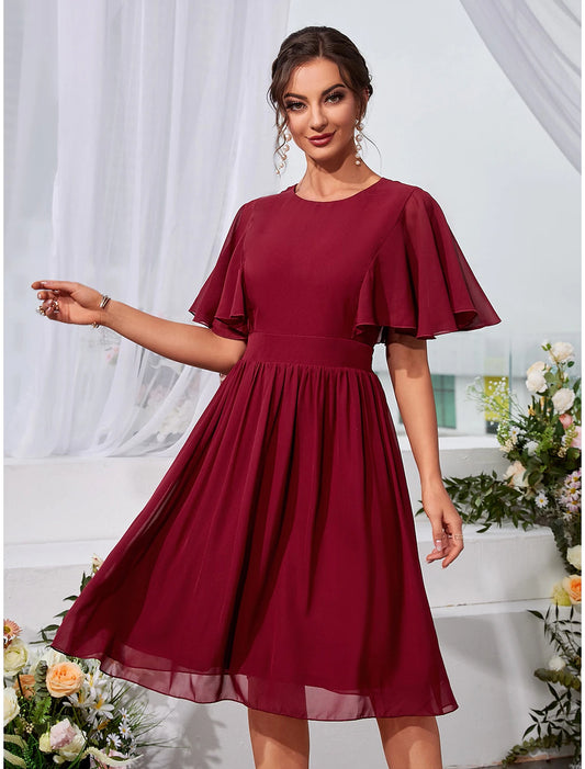 A-Line Wedding Guest Dresses Elegant Dress Holiday Knee Length Short Sleeve Jewel Neck Chiffon with Pleats Ruffles