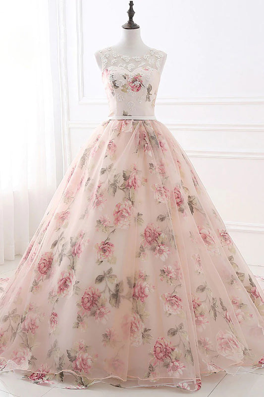 Round neck printing long prom gown