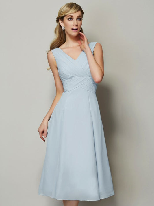 A-Line Chiffon V-neck Sleeveless Tea-Length With Pleats Bridesmaid Dresses