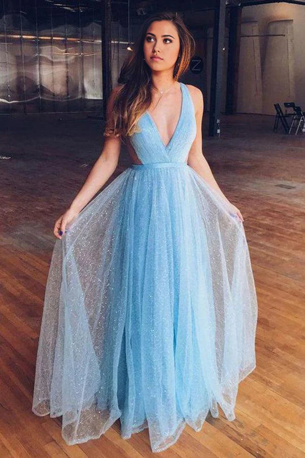 A-line V Neck Shiny Light Blue Long Tulle Prom Dress For Teens