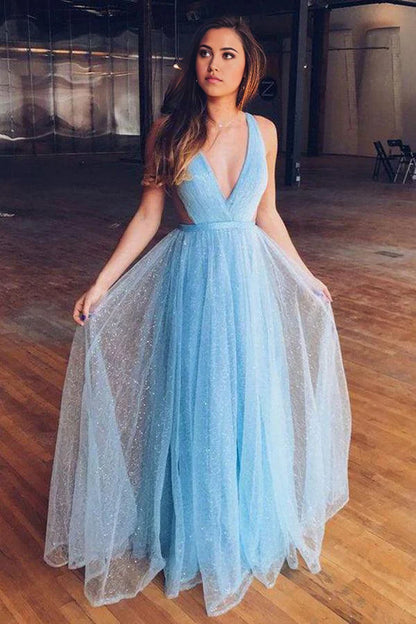 A-line V Neck Shiny Light Blue Long Tulle Prom Dress For Teens