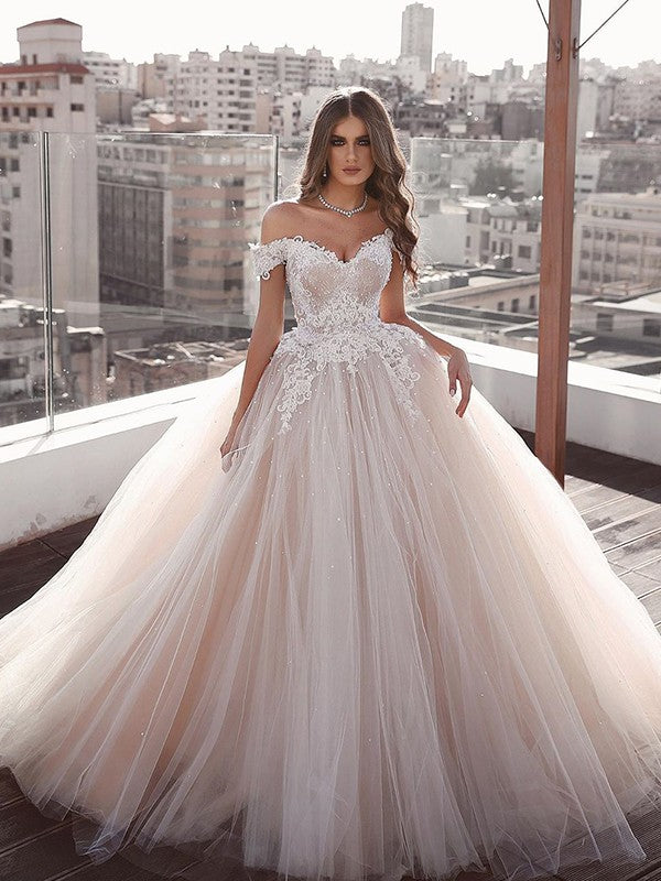 Ball Gown Tulle Off-the-Shoulder Sleeveless Applique Floor-Length Wedding Dresses