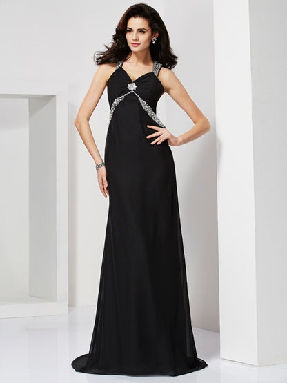 Sheath Chiffon Straps Sleeveless Sweep/Brush Train With Beading Dresses