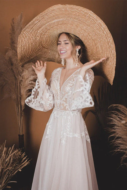 A-Line Top Flare Sleeves Lace Open Back Wedding Dress