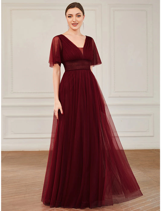 A-Line Bridesmaid Dress V Neck Short Sleeve Plus Size Floor Length Tulle with Ruffles / Draping