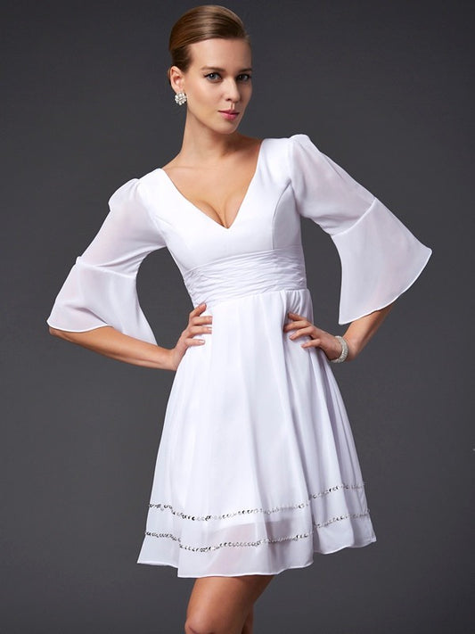 A-Line Chiffon V-neck 1/2 Sleeves Short/Mini With Beading Bridesmaid Dresses