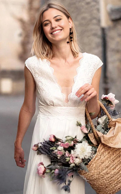 A Line Chiffon Low-V Back Lace V-neck Short Sleeve Wedding Dress