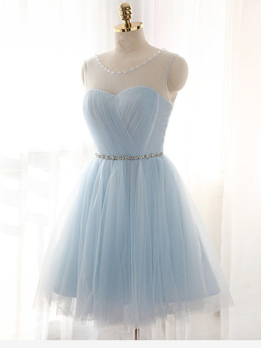 A-Line Tulle Scoop Sleeveless Short/Mini With Beading Dresses