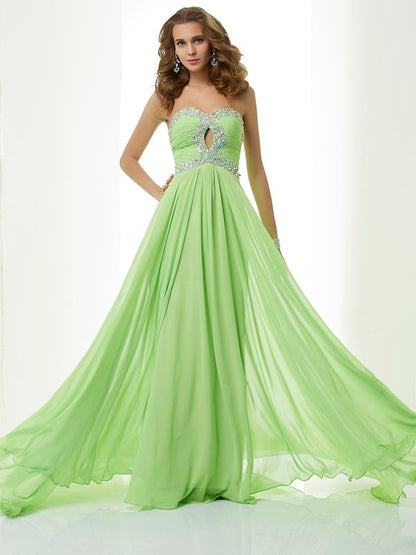 A-Line Chiffon Sweetheart Sleeveless Sweep/Brush Train With Beading Dresses