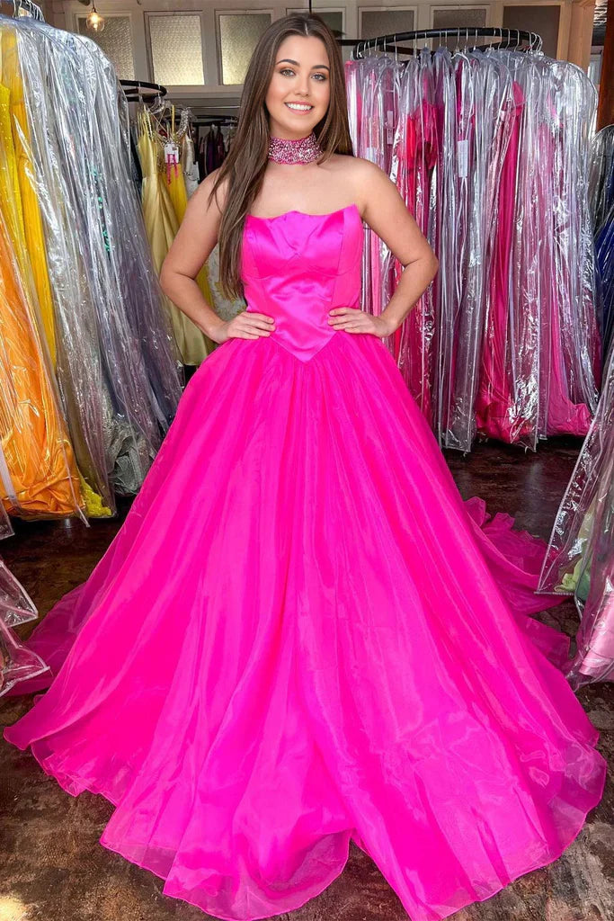 Aline Round Neck Tulle Strapless Hot Pink Prom Dress Formal Dress
