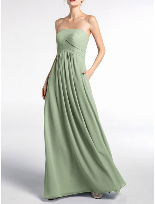 A-Line Bridesmaid Dress V Neck Sleeveless Elegant Floor Length Chiffon with Pleats / Ruching