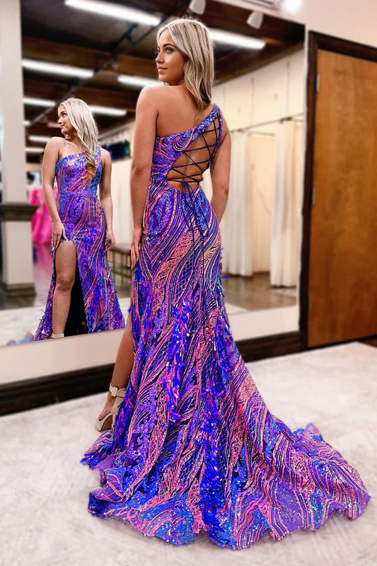 Mermaid One Shoulder Sequins Purple Long formal dresses Bridesmaid Dresses evening gown Prom Dress with Slit