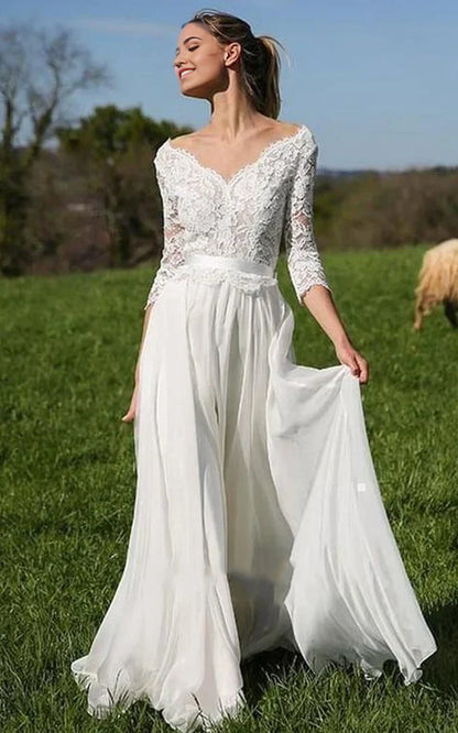 A Line V-neck Lace Chiffon Floor-length 3/4 Length Sleeve Wedding Dress