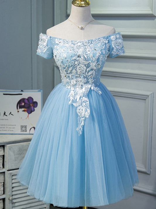 A-Line/Princess Tulle Applique Off-the-Shoulder Short Sleeves Knee-Length Dresses