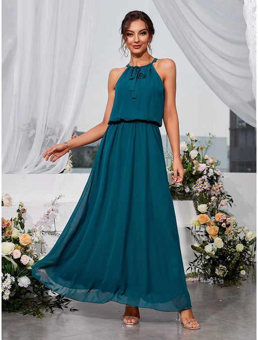 A-Line Wedding Guest Dresses Elegant Dress Holiday Ankle Length Sleeveless Halter Lace with Strappy