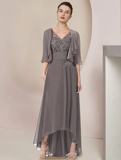 Two Piece A-Line Mother of the Bride Dress Formal Wedding Guest Elegant High Low V Neck Asymmetrical Tea Length Chiffon Lace 3/4 Length Sleeve Wrap Included with Ruched Appliques