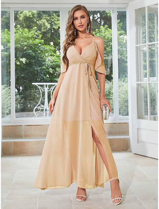 A-Line Wedding Guest Dresses Elegant Dress Party Wear Ankle Length Sleeveless V Neck Chiffon with Ruffles Slit Strappy