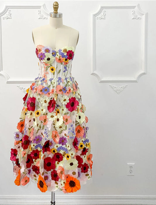 A-Line Cocktail Dresses Floral Dress Summer Knee Length Sleeveless Strapless Tulle with Appliques