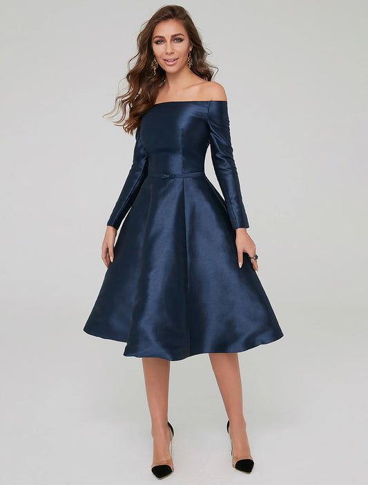 A-Line Special Occasion Dresses Party Dress Wedding Guest Knee Length Long Sleeve Off Shoulder Satin with Pleats