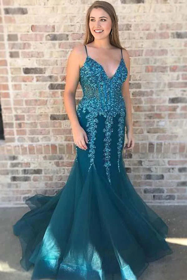 Mermaid V Neck Turquoise Through Long Evening Prom Dresses