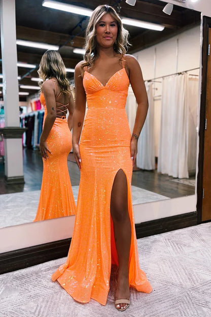 Mermaid Spaghetti Straps Lace Prom Dress With Split