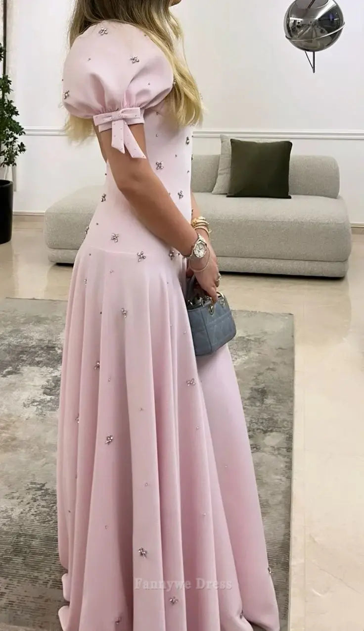 Sweet Light Pink Puffy Sleeves A-Line Long Party Dress,DP1890