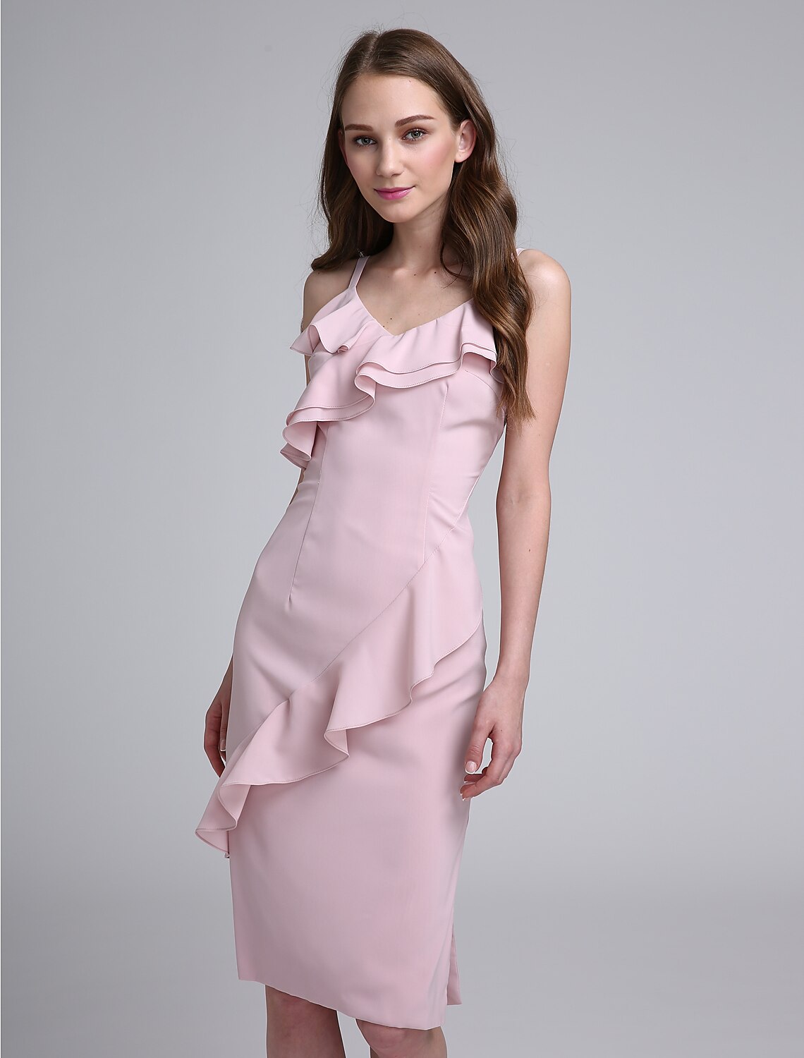 Sheath / Column Bridesmaid Dress Spaghetti Strap Sleeveless Elegant Knee Length Chiffon with Ruffles