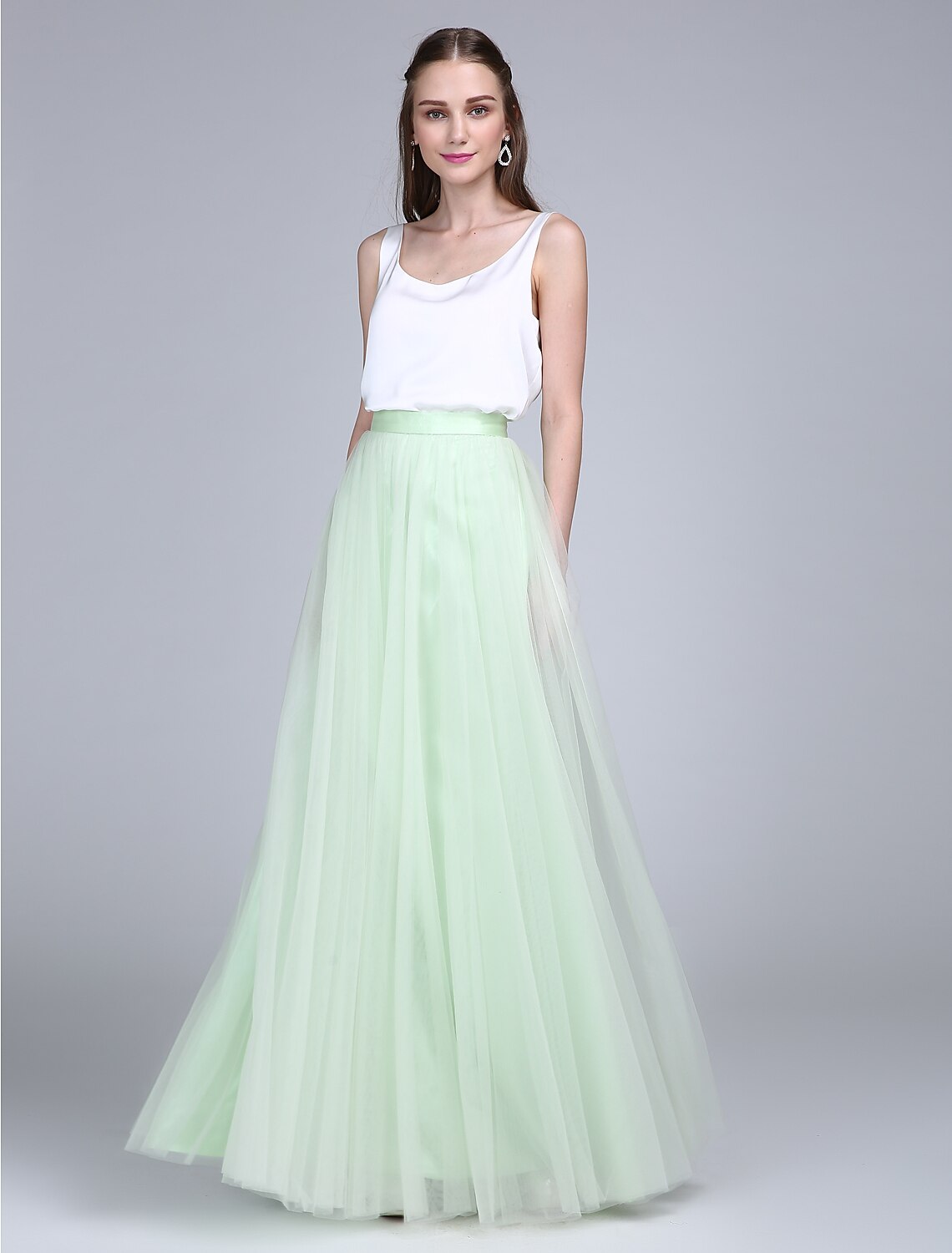 Sheath / Column Bridesmaid Dress Scoop Neck Sleeveless Two Piece Floor Length Tulle / Satin Chiffon with Buttons