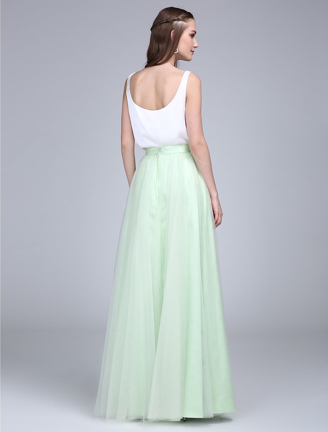 Sheath / Column Bridesmaid Dress Scoop Neck Sleeveless Two Piece Floor Length Tulle / Satin Chiffon with Buttons