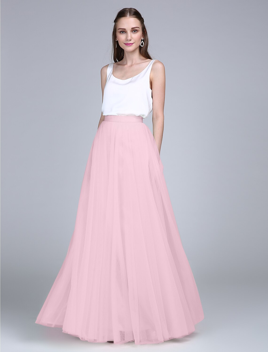 Sheath / Column Bridesmaid Dress Scoop Neck Sleeveless Two Piece Floor Length Tulle / Satin Chiffon with Buttons