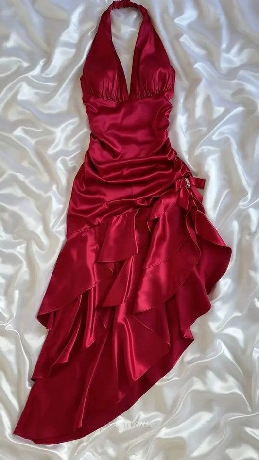 A-Line Halter Vintage Satin Ruffles Wine Red Long formal dresses Bridesmaid Dresses evening gown Prom Dress