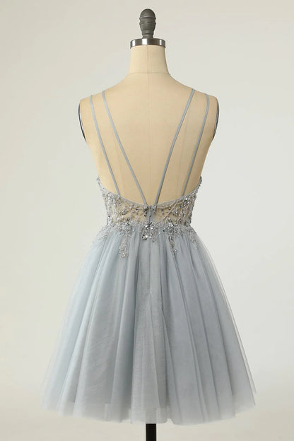 Gorgeous A Line Spaghetti Straps Grey Short Cocktail Dress with Beading