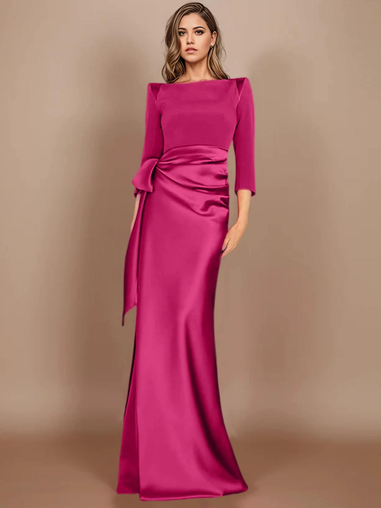 Sheath Column Scoop 3/4 Length Sleeves Floor-Length Mother of the Bride Dresses with Bow