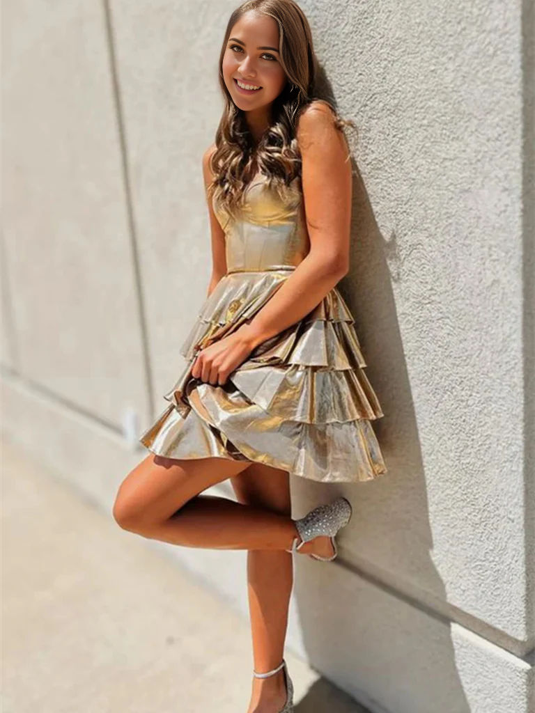 Strapless Layered Gold Satin Prom Dresses Formal Evening Homecoming Dresses