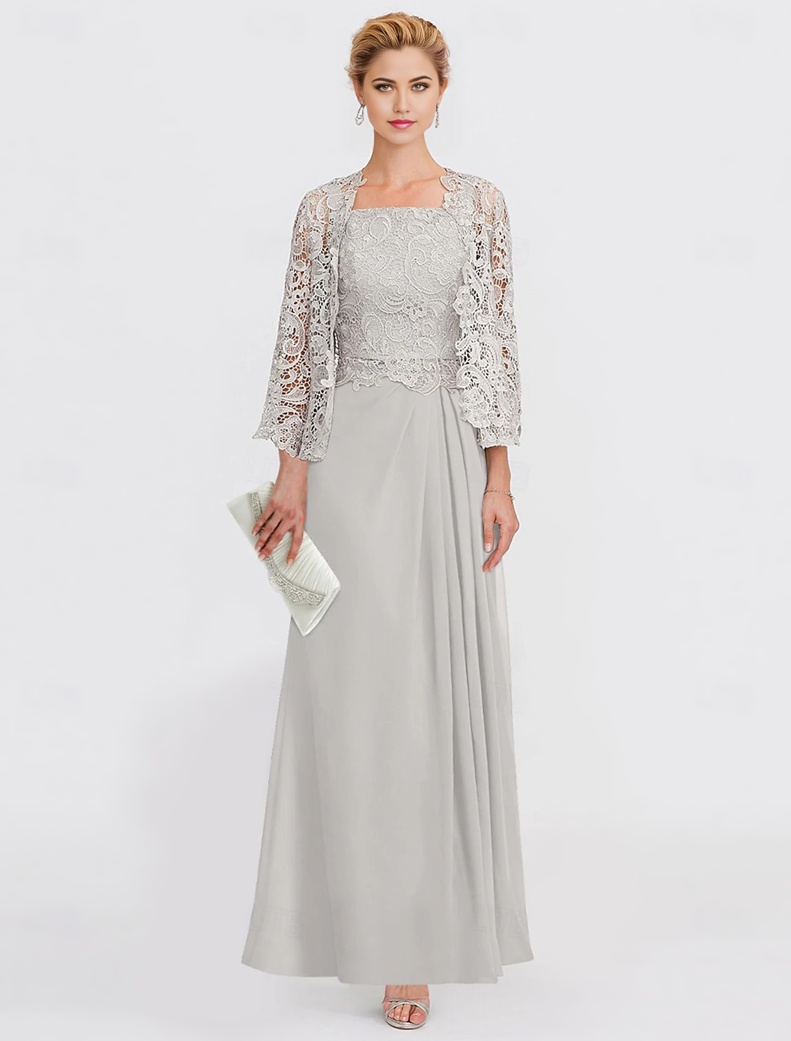 A-Line Dress Suit Mother of the Bride Dress Elegant Straight Neckline Ankle Length Chiffon Lace 3/4 Length Sleeve with Lace Side-Draped Solid Color