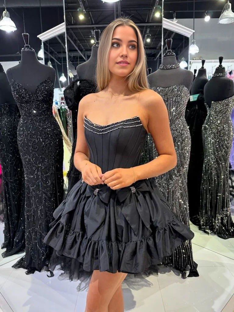 Strapless Layered Black Satin Prom Dresses Evening Homecoming Dresses with Beadings