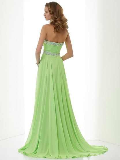 A-Line Chiffon Sweetheart Sleeveless Sweep/Brush Train With Beading Dresses