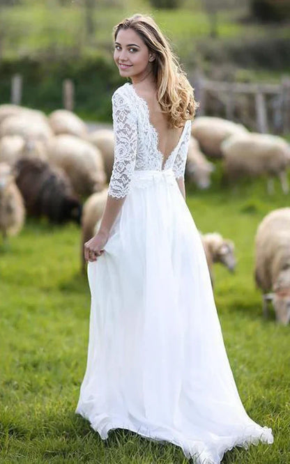 A Line V-neck Lace Chiffon Floor-length 3/4 Length Sleeve Wedding Dress