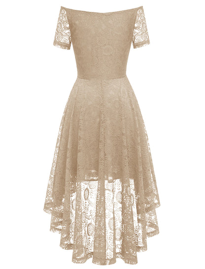 A-Line Cocktail Dresses Vintage Dress Party Wear Knee Length Short Sleeve Off Shoulder Lace with Pleats