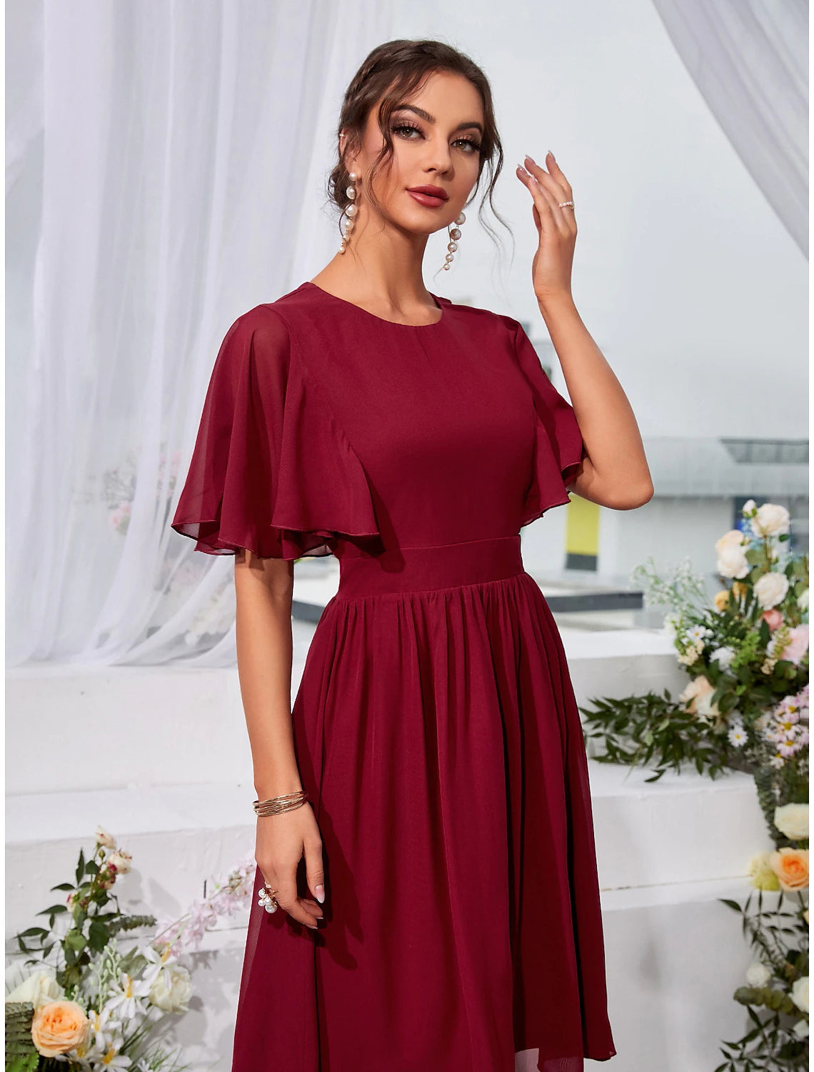 A-Line Wedding Guest Dresses Elegant Dress Holiday Knee Length Short Sleeve Jewel Neck Chiffon with Pleats Ruffles