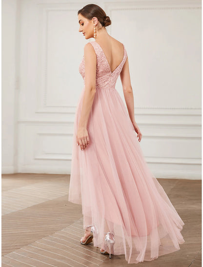 A-Line Bridesmaid Dress V Neck Sleeveless Elegant Short / Mini Lace / Tulle with Draping  / Ruching