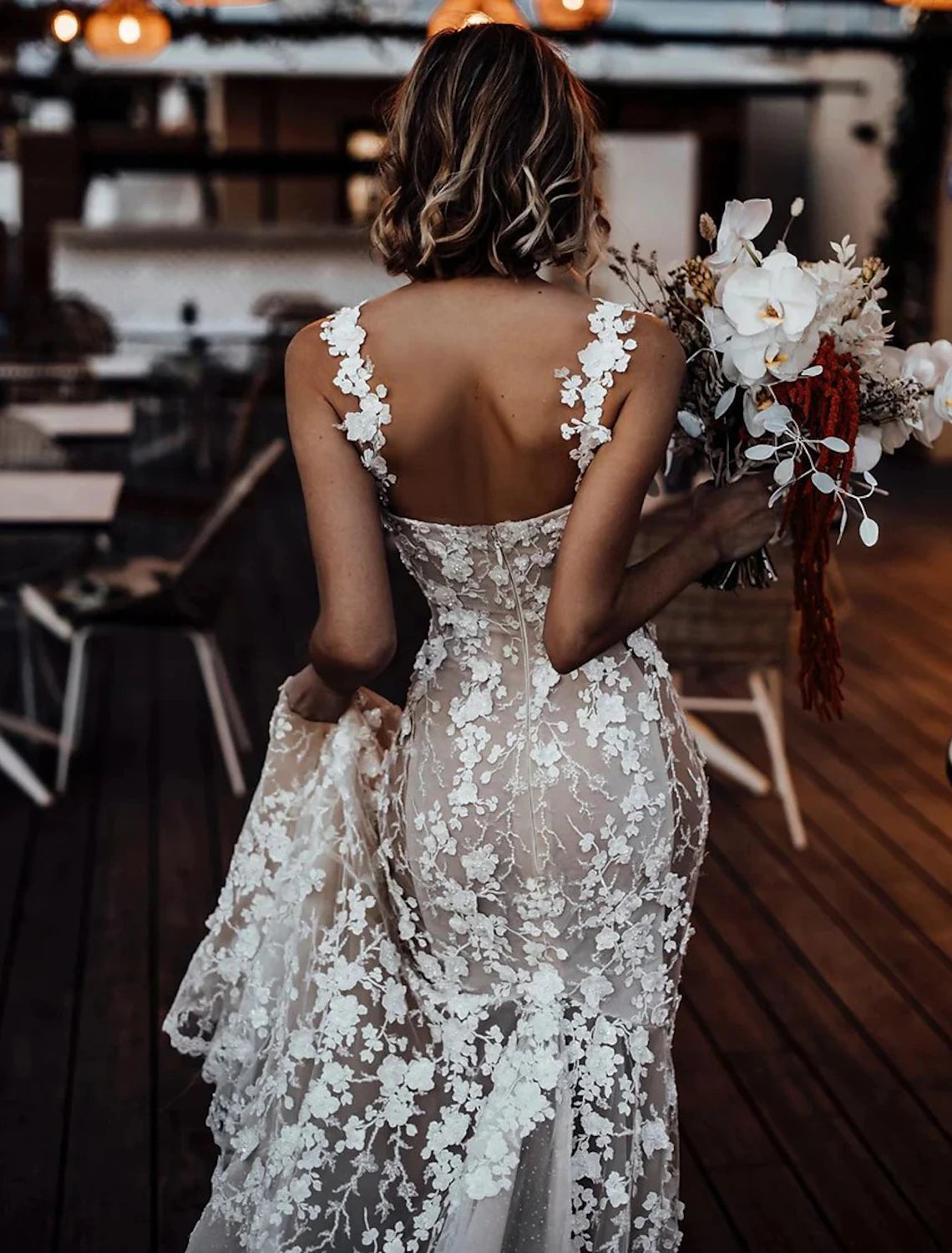 Beach Sexy Boho Wedding Dresses Mermaid / Trumpet Sweetheart Regular Straps Court Train Lace Bridal Gowns With Appliques