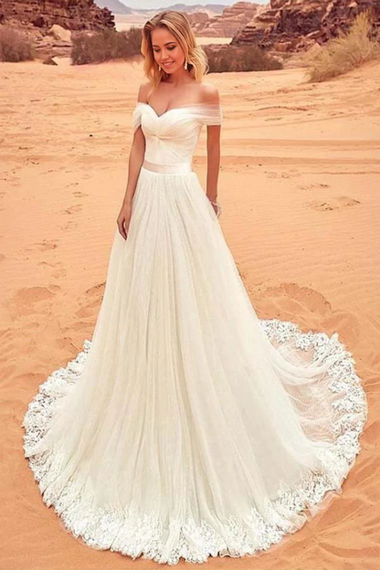 Beach A-line Off The Shoulder Tulle Appliques Long Wedding Dress