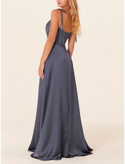 A-Line Bridesmaid Dress Spaghetti Strap Sleeveless Elegant Sweep / Brush Train Stretch Satin with Ruching