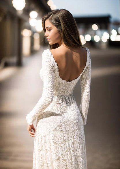 Vintage Floral Boho Lace Wedding Dress with Sleeves Neck Low-V Back Princess Bridal Gown