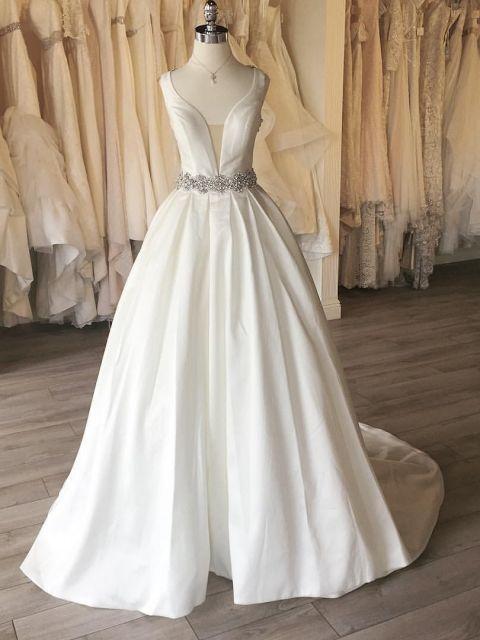 A Line Deep V Neck Satin Backless Beading Bride Dresses Ball Gown Wedding Dresses