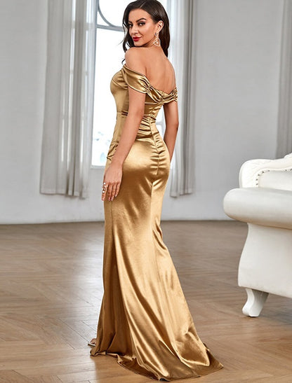 Mermaid / Trumpet Minimalist High Split Prom Formal Evening Dress Off Shoulder Sleeveless Floor Length Satin with Ruched Slit