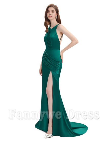 Mermaid Backless Floor-Length Satin formal dresses evening gown Bridesmaid Dresses With Side Slit