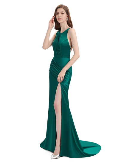 Mermaid Backless Floor-Length Satin formal dresses evening gown Bridesmaid Dresses With Side Slit