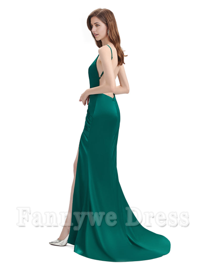 Mermaid Backless Floor-Length Satin formal dresses evening gown Bridesmaid Dresses With Side Slit